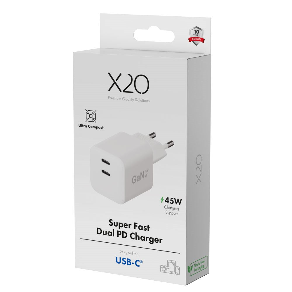 X2O 45W GaN Wall Charger with 2x USB-C - White