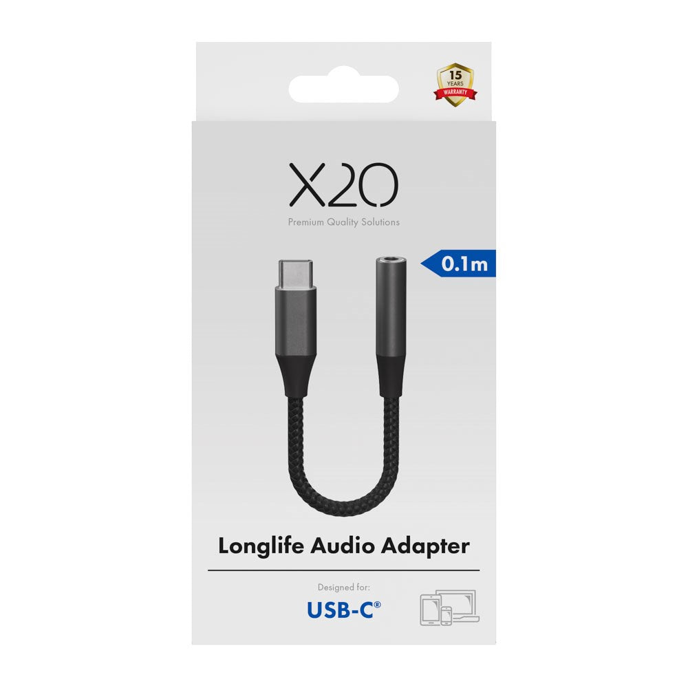 X2O Longlife USB-C to 3.5mm AUX Audio Adapter - 0.1m - Black