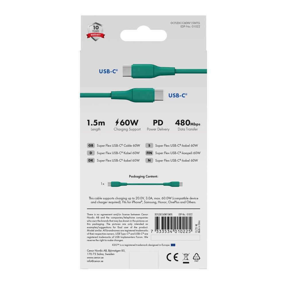 X2O Superflex 60W USB-C to USB-C Cable - 1.5m - Green