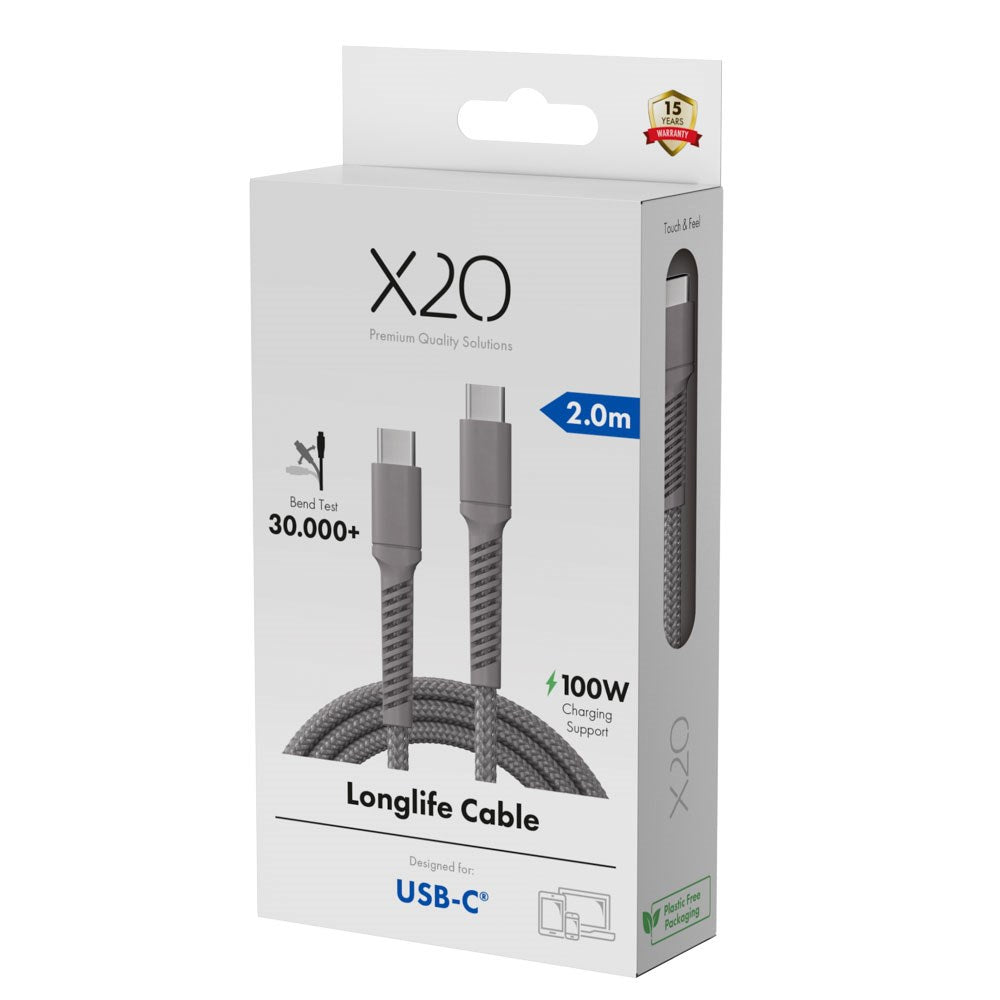 X2O Longlife 100W USB-C to USB-C Cable - 2m - Grey