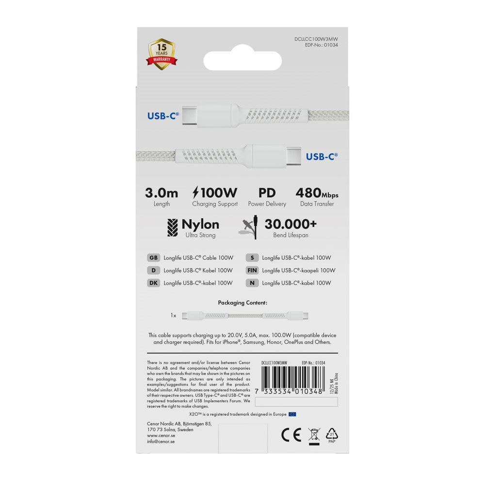 X2O Longlife 100W USB-C to USB-C Cable - 3m - White