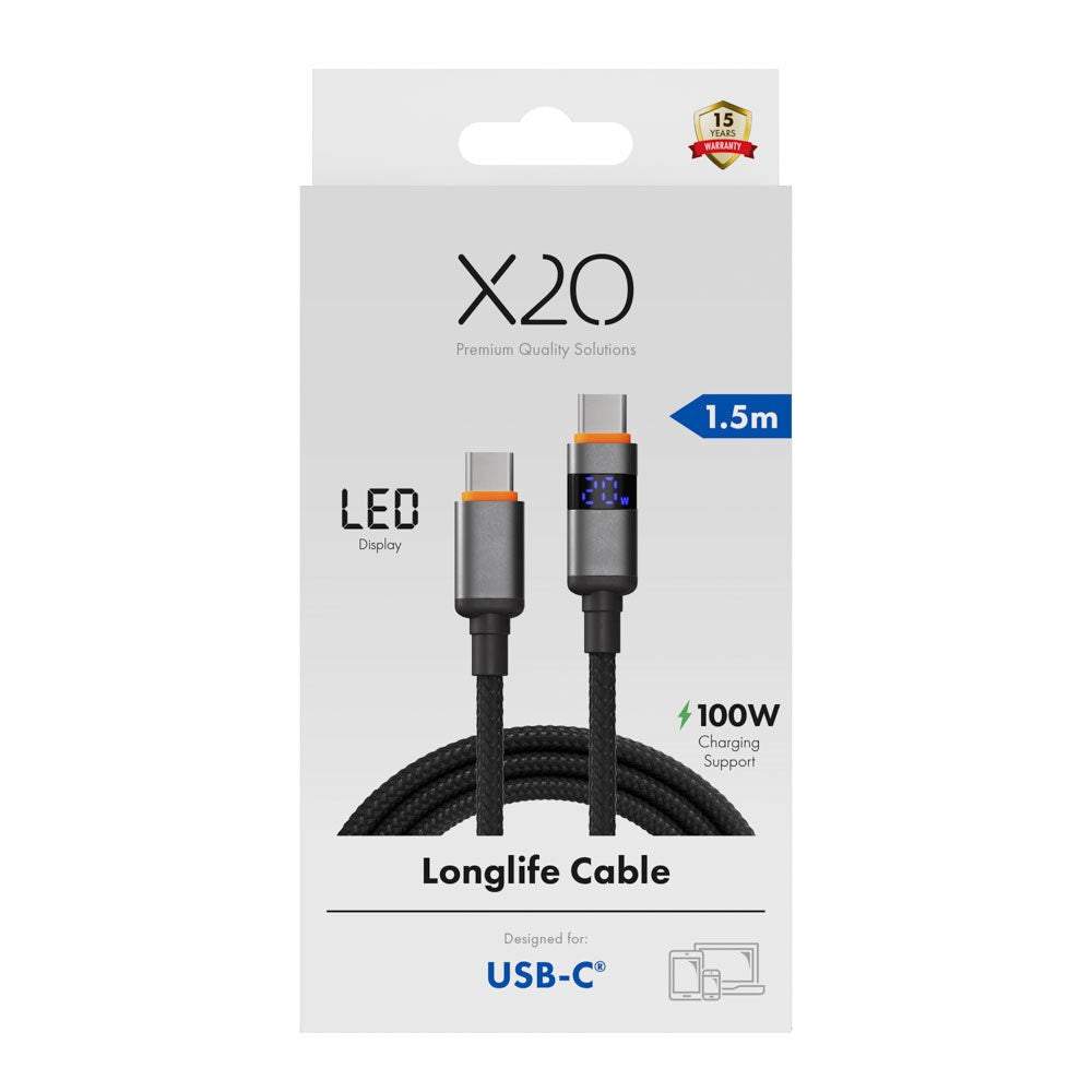 X2O Longlife 100W USB-C to USB-C Cable with LED Display - 1.5m - Black