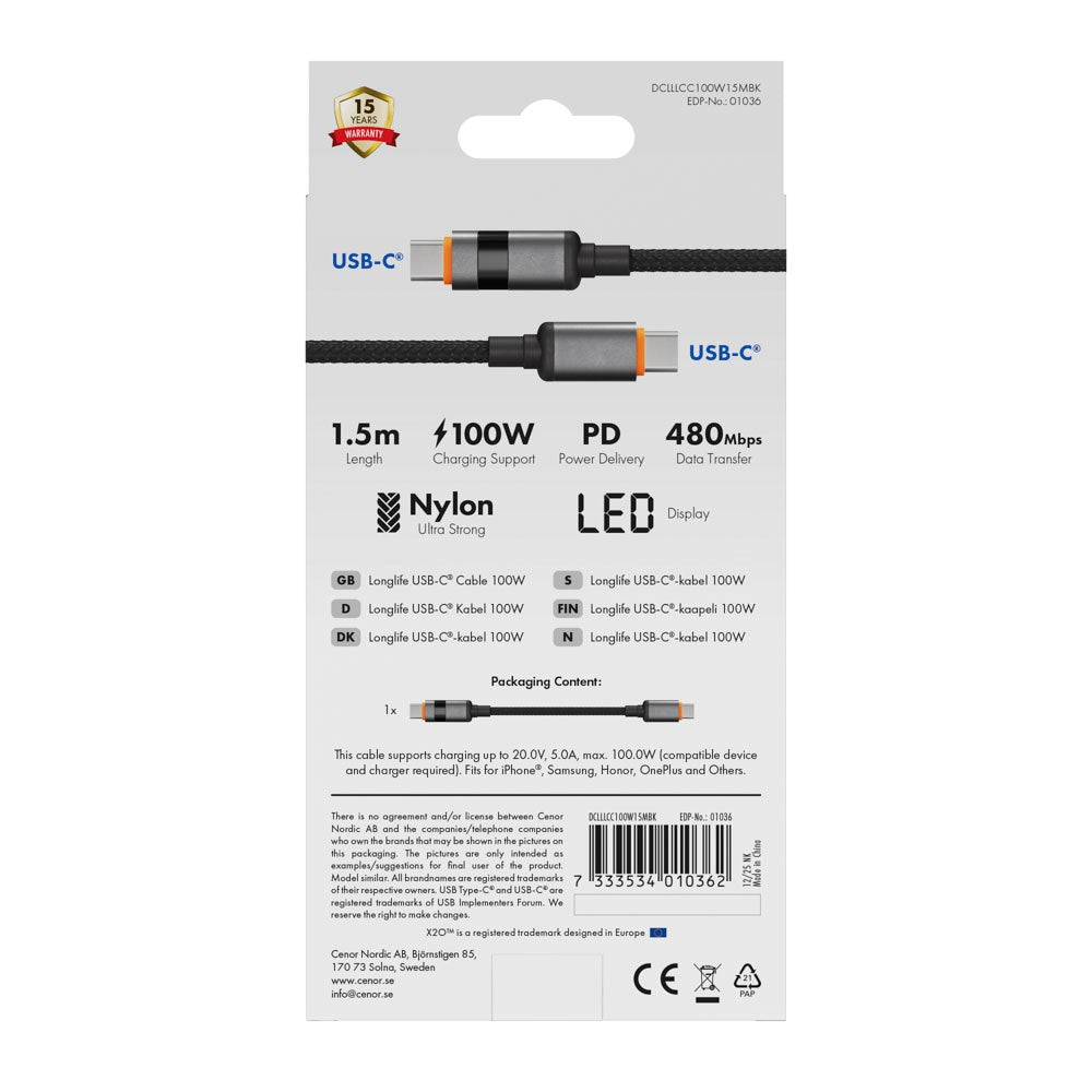 X2O Longlife 100W USB-C to USB-C Cable with LED Display - 1.5m - Black