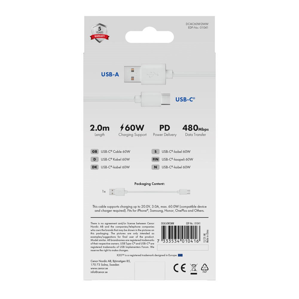 X2O Basic 60W USB-A to USB-C Cable - 2m - White