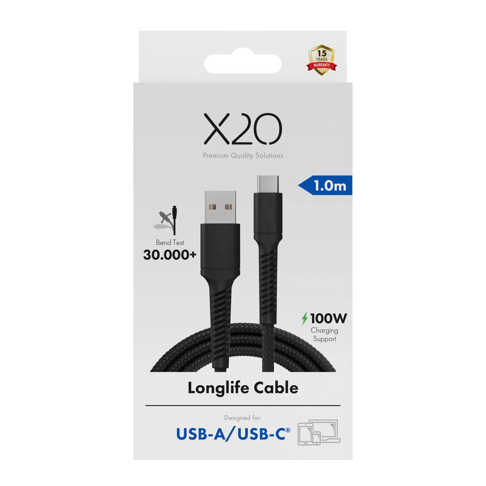 X2O Longlife 60W USB-A to USB-C Cable - 1m - Black