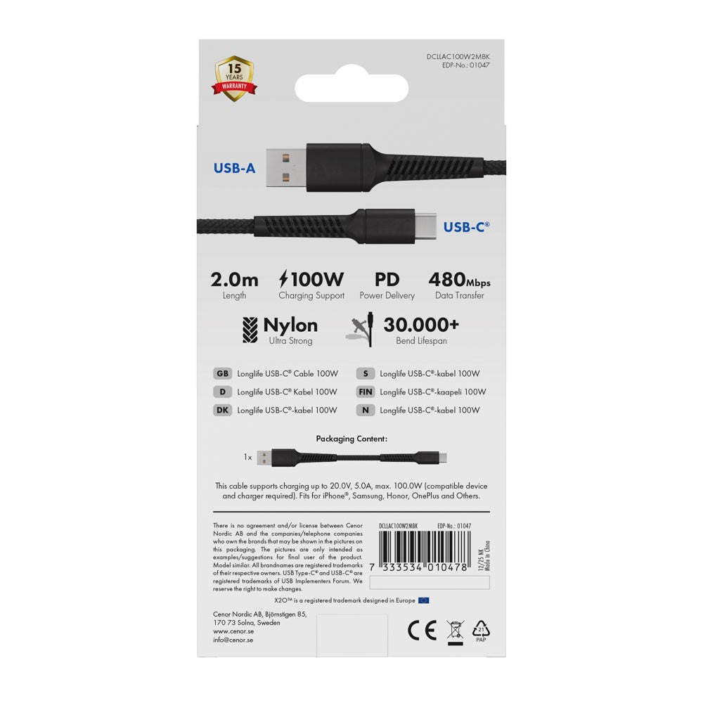 X2O Longlife 60W USB-A to USB-C Cable - 2m - Black