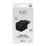 X2O 45W GaN Wall Charger with 2x USB-C - Black