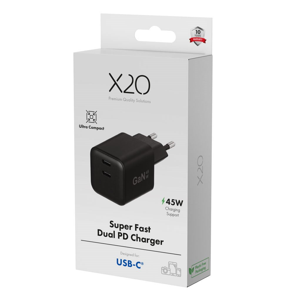 X2O 45W GaN Wall Charger with 2x USB-C - Black