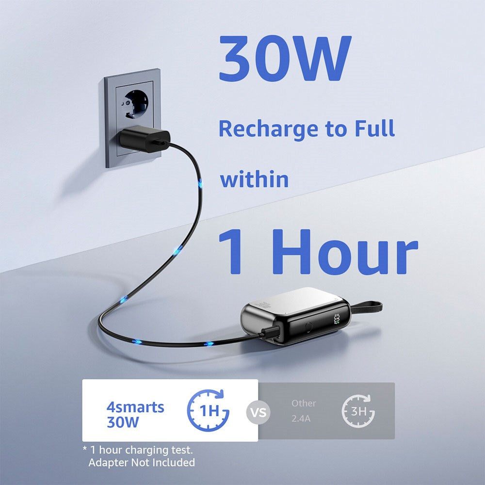 4smarts 10,000mAh Pocket Powerbank with Integrated USB-C Cable 30W - Silver
