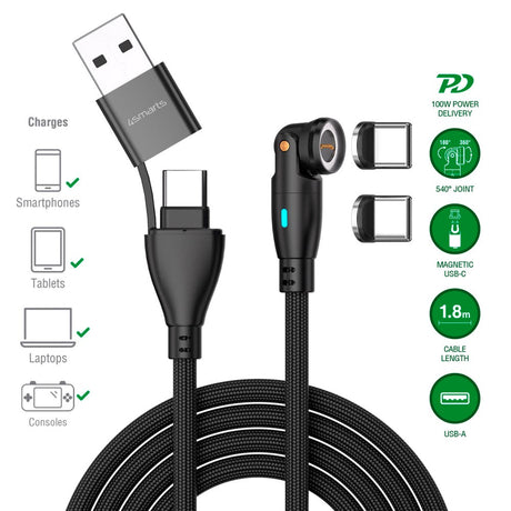 4smarts GravityCord Magnetic Cable with USB-C/A - 100W - 1.8m - Black