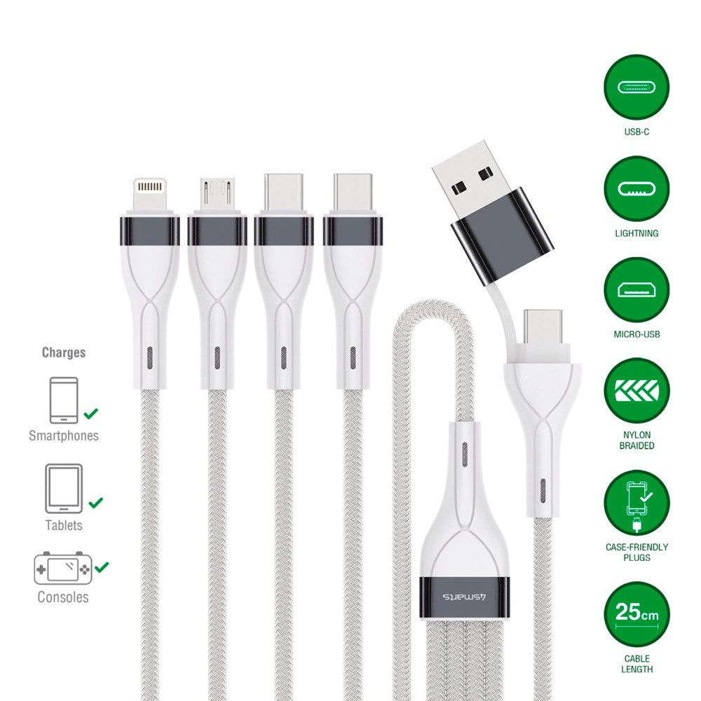 4smarts 4-in-2 Multi Charging Cable - USB-C / USB-A / Lightning / Micro USB - 25cm - White