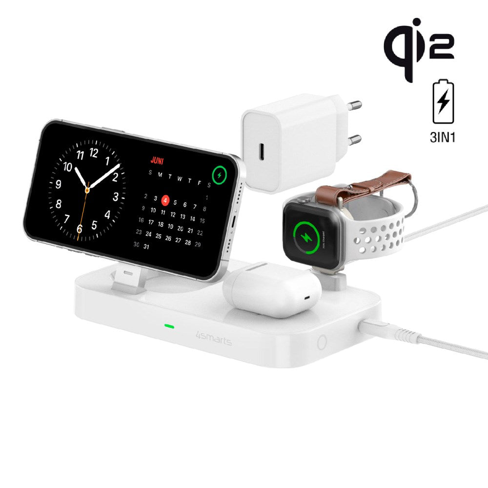 4smarts 3-in-1 Qi2 Wireless Charging Station - MagSafe Compatible - White