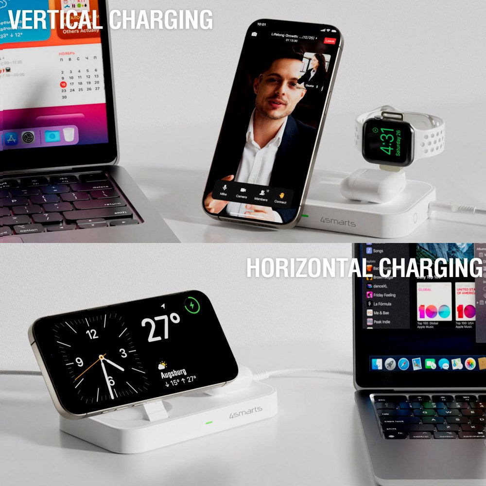 4smarts 3-in-1 Qi2 Wireless Charging Station - MagSafe Compatible - White