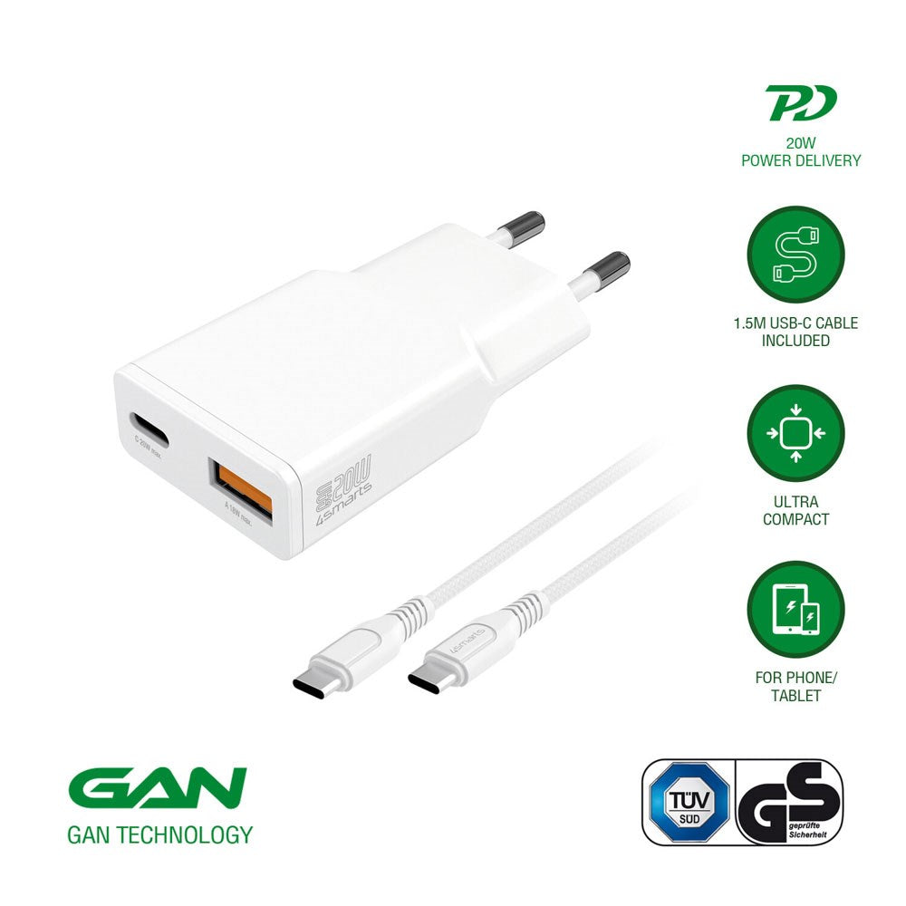 4smarts PDPlug Slim 20W Wall Charger with 1 x USB-A & 1 x USB-A & Built-in USB-C Cable - White