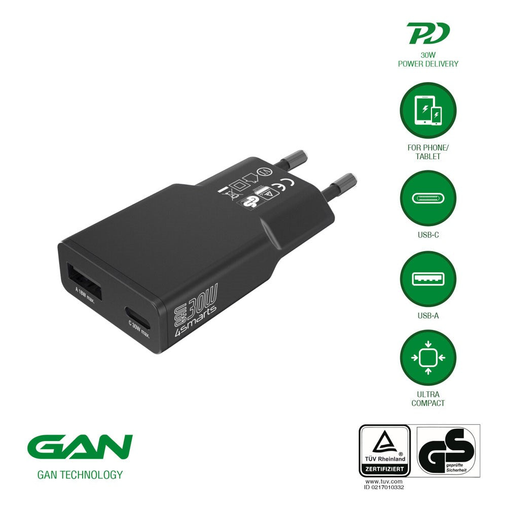 4smarts PDPlug Slim 30W Wall Charger with 1 x USB-C 1 x USB-A - Black