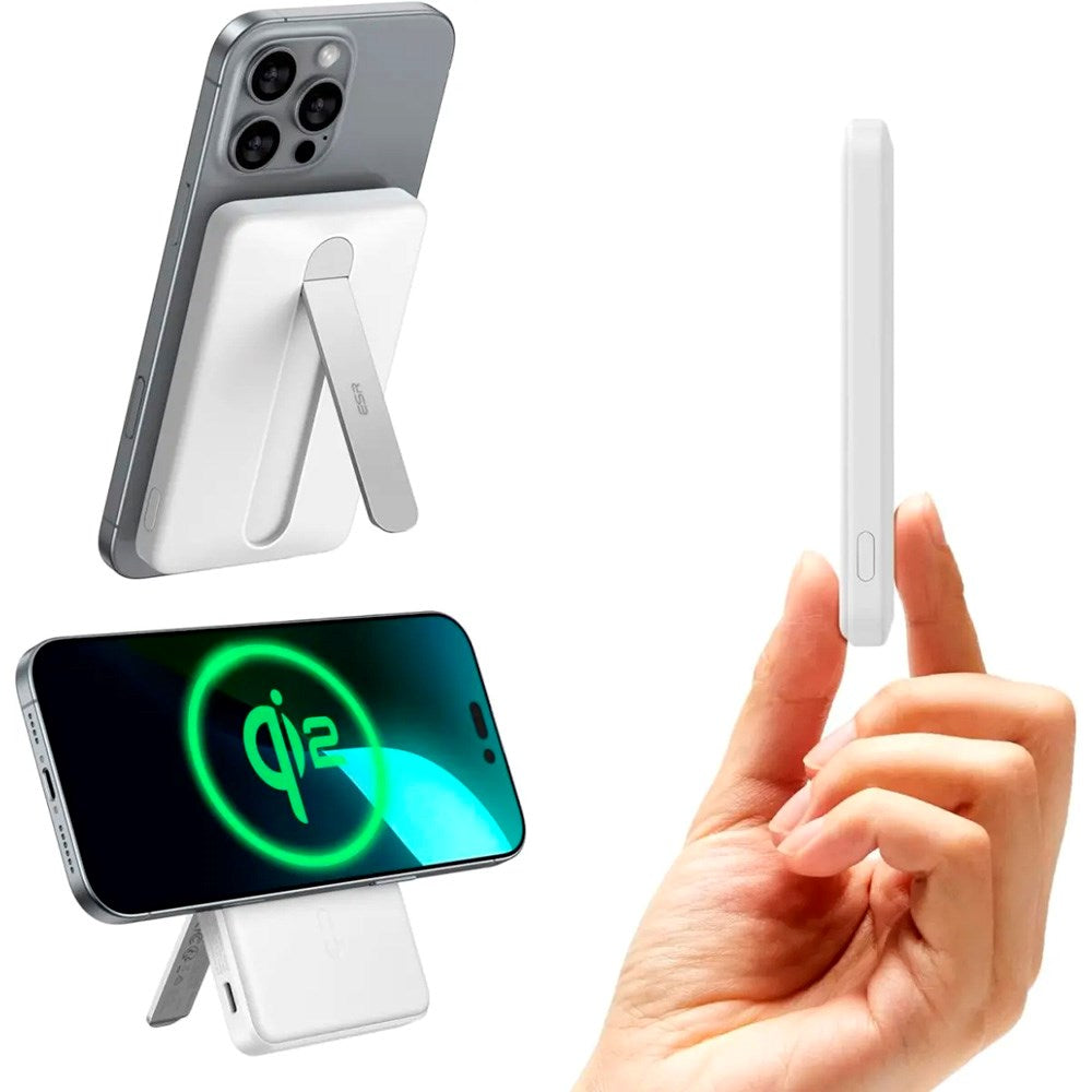 ESR Qi2 MagSlim PowerBank with Kickstand - 15W / 5000 mAh - MagSafe Compatible - White