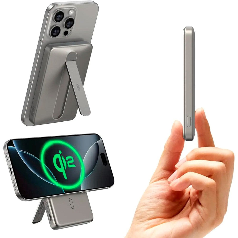 ESR Qi2 MagSlim PowerBank with Kickstand - 15W / 5000 mAh - MagSafe Compatible - Titanium