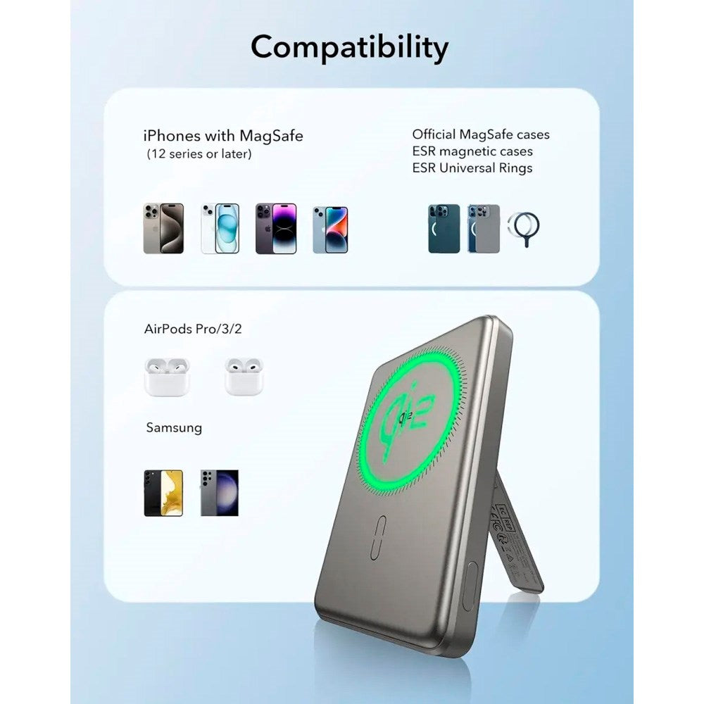 ESR Qi2 MagSlim PowerBank with Kickstand - 15W / 5000 mAh - MagSafe Compatible - Titanium