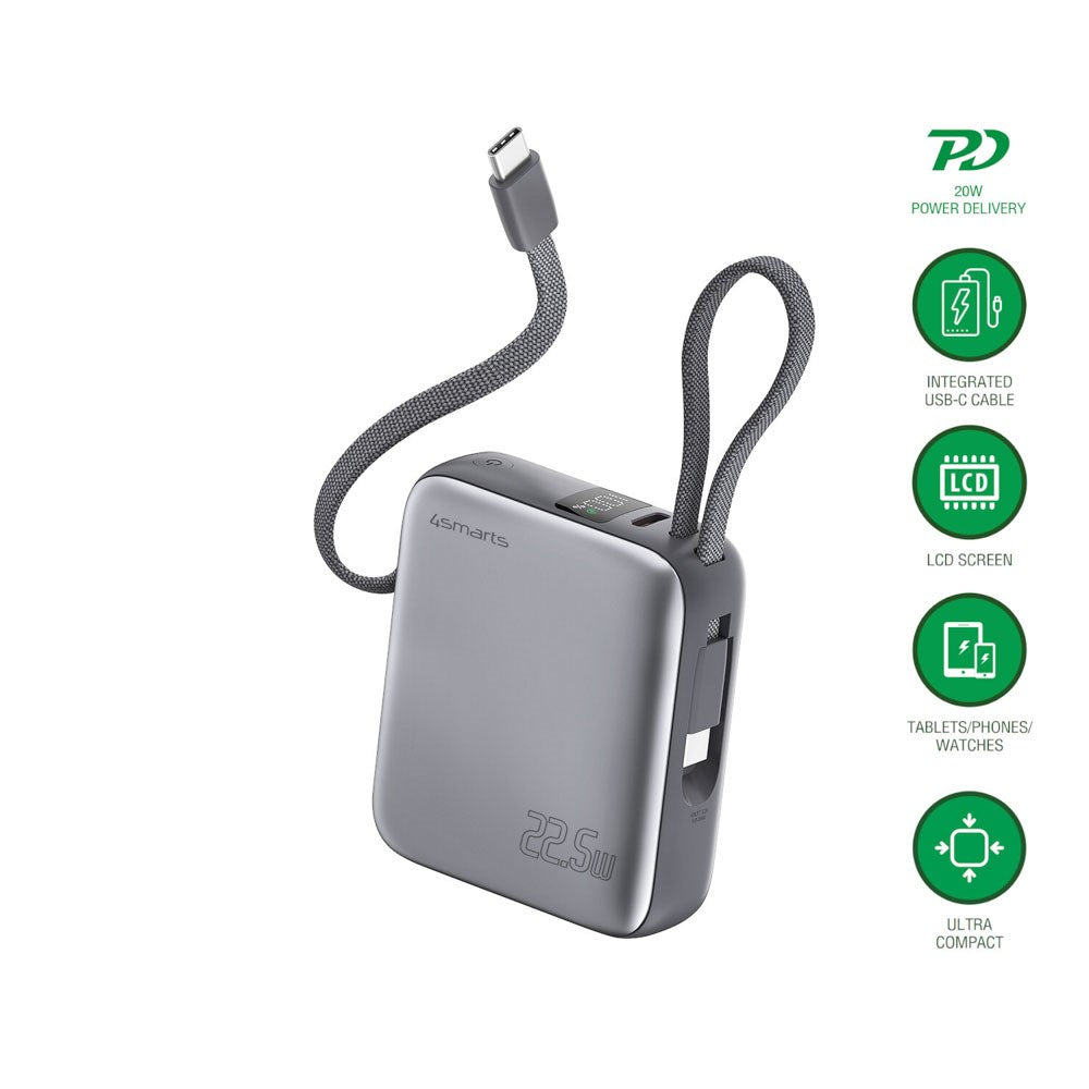 4smarts Pocket Dual Cord 22.5W PowerBank with Built-in USB-C Cable - 10.000 mAh - Space Grey