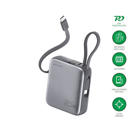 4smarts Pocket Dual Cord 22.5W PowerBank with Built-in USB-C Cable - 10.000 mAh - Space Grey