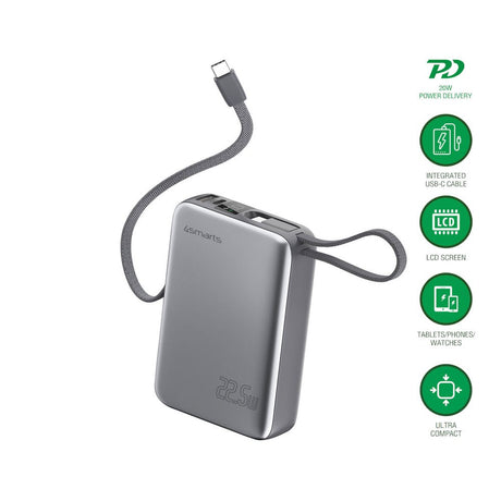 4smarts Pocket Dual Cord 22.5W PowerBank with Built-in USB-C Cable - 20.000 mAh - Space Grey