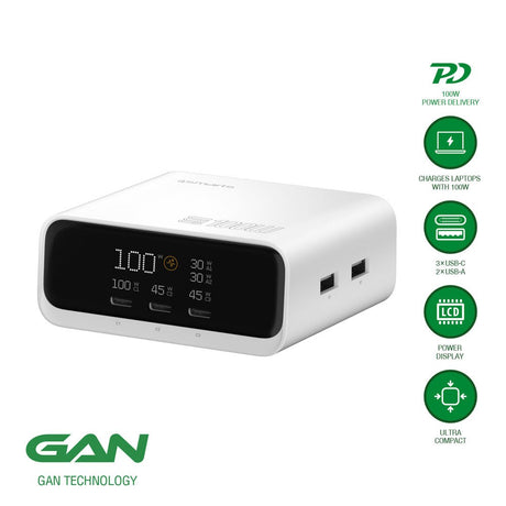 4smarts GaN Desktop Charger with Display - 100W / 3x USB-C & 2x USB-A - White
