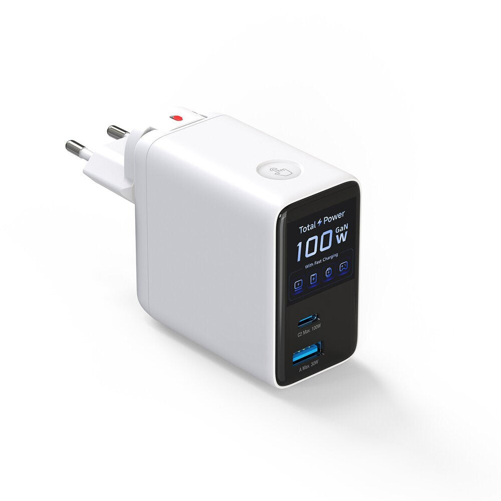 4smarts GaN 100W Wall Charger with Display - Built-in USB-C Cable - 1 x USB-A - 1 x USB-C - White