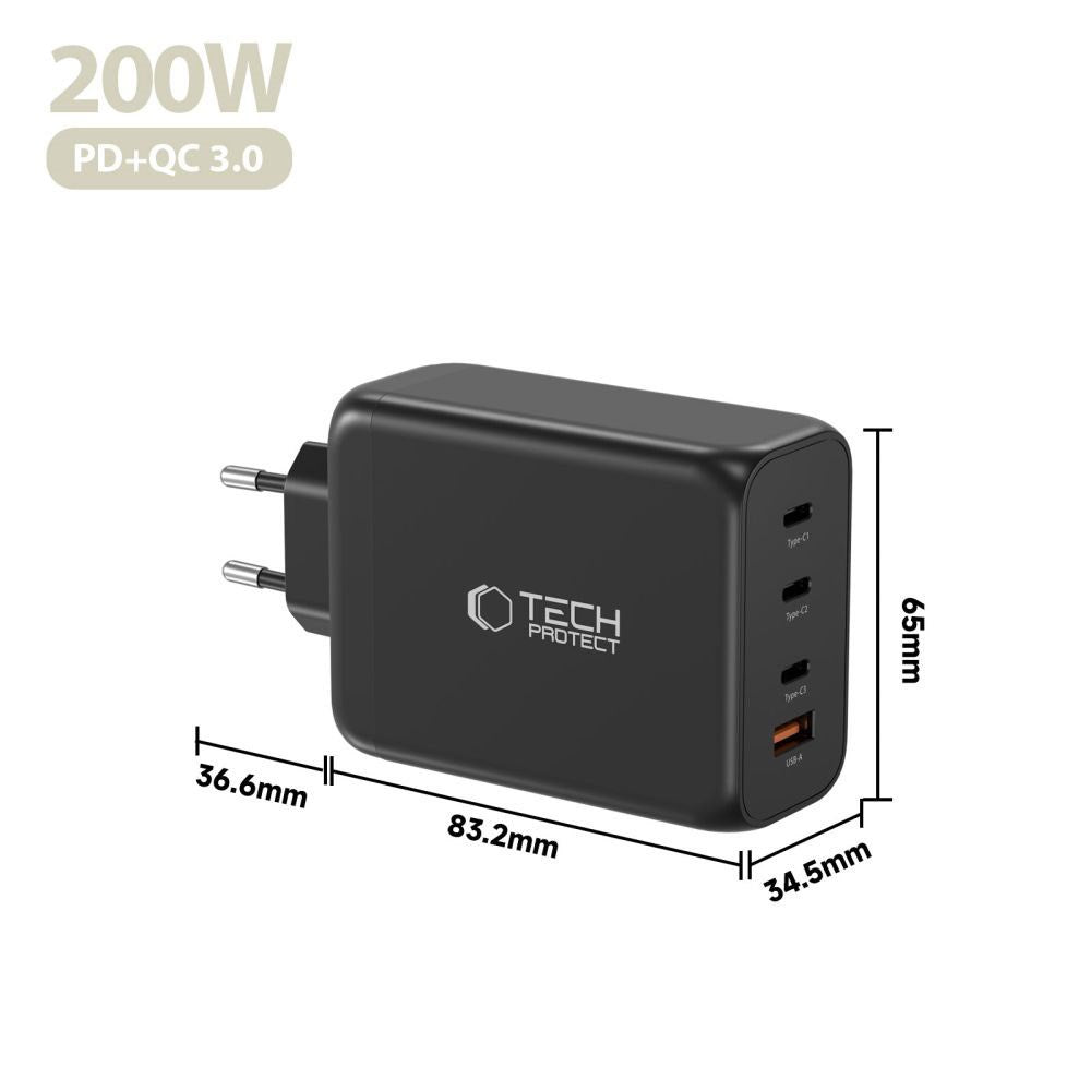 Tech-Protect 200W Wall Charger w. 3x USB-C & 1x USB-A - Black