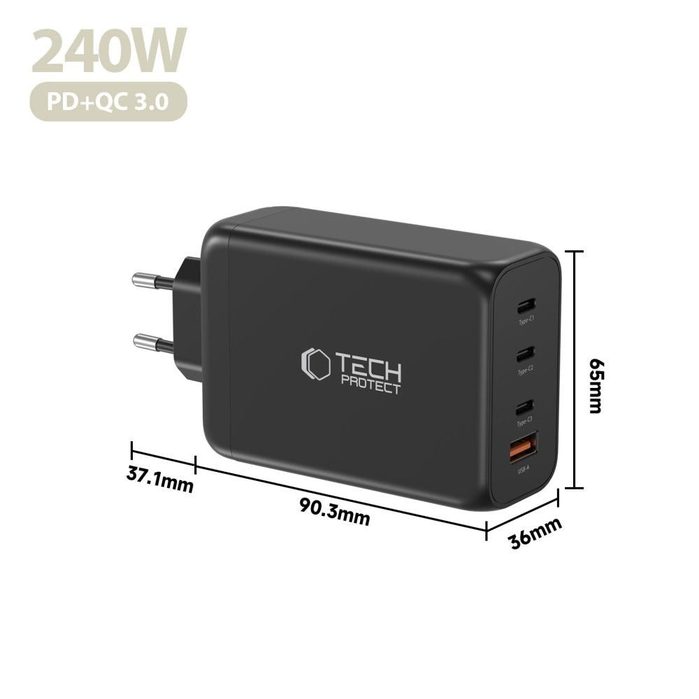 Tech-Protect 240W Wall Charger w. 3x USB-C & 1x USB-A - Black