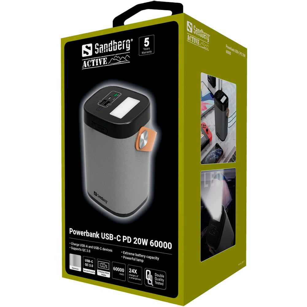 Sandberg Portable PowerBank with 2 x USB-A QC & USB-C PD 20W - 60,000 mAh - Gray / Black