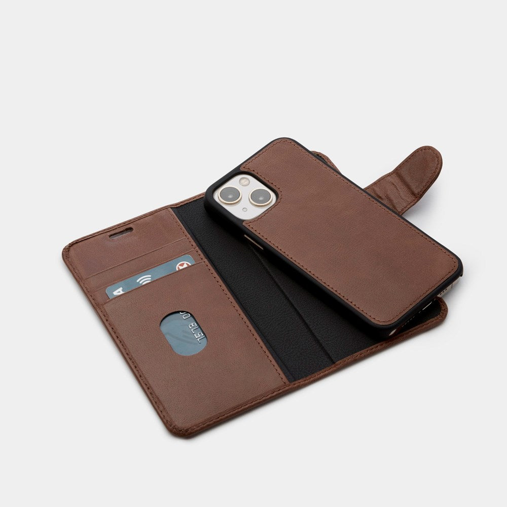 Trunk iPhone 13 Genuine Leather Flip Case with Removable Back Case - Brown