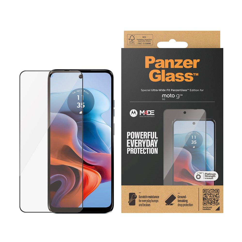 Motorola Moto G34 PanzerGlass Ultra Wide Fit Screen Protector - Platinum Strength - Black Edge