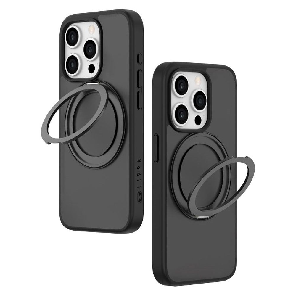 iPhone 15 Pro Lippa Hybrid Plastic Case with 360 Rotating Kickstand - MagSafe Compatible - Matte / Black