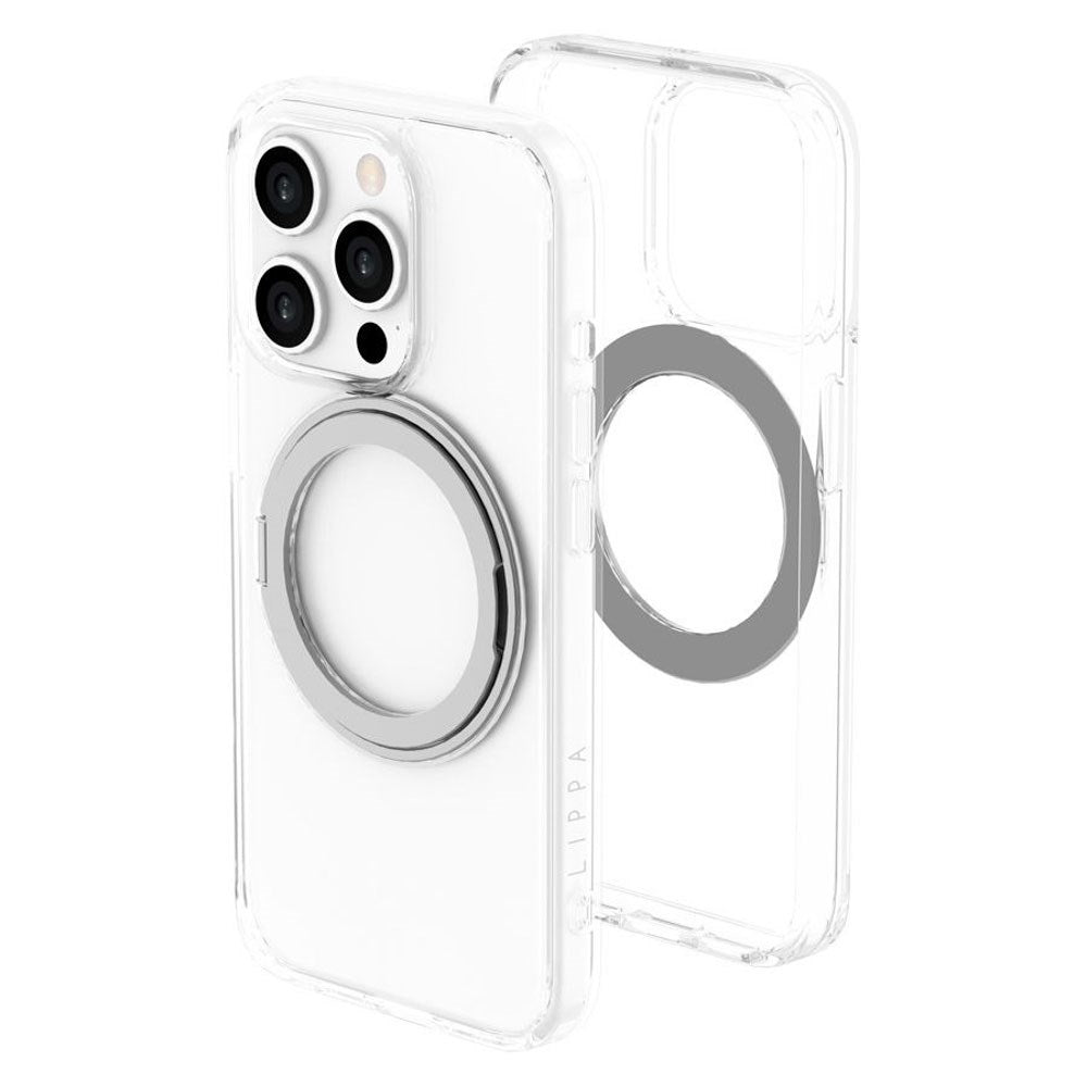 iPhone 15 Pro Lippa Hybrid Plastic Case with 360 Rotating Kickstand - MagSafe Compatible - Transparent / Silver
