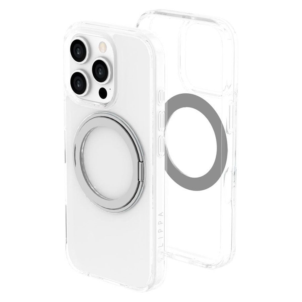 iPhone 16 Pro Lippa Hybrid Plastic Case with 360 Rotating Kickstand - MagSafe Compatible - Transparent / Silver