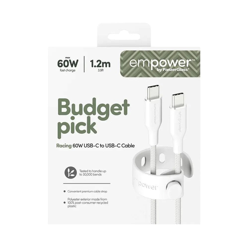 empower by PanzerGlass Racing 60W USB-C to USB-C Cable – 1.2m – Silver White