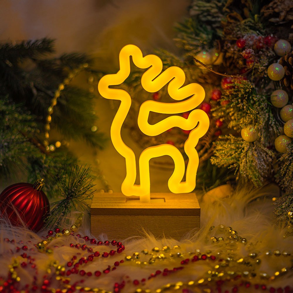 Forever Light Neon Christmas Decoration with Wooden Base LED - Warm White Light with Reindeer