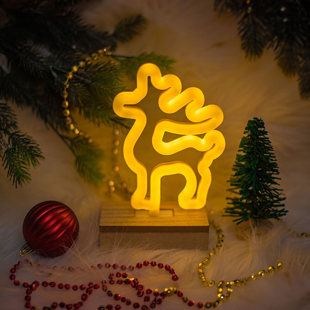 Forever Light Neon Christmas Decoration with Wooden Base LED - Warm White Light with Reindeer