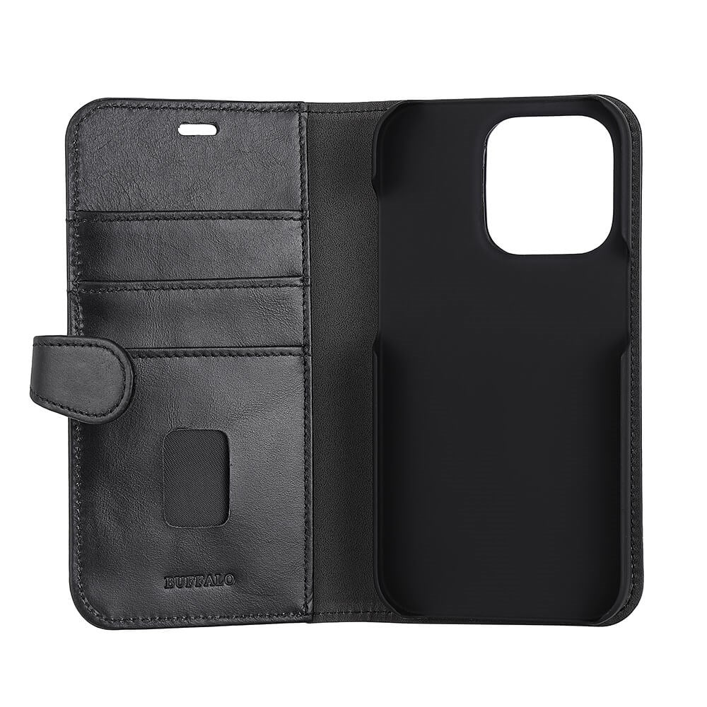 iPhone 14 Pro Buffalo Wallet Genuine Leather Magnet Wallet Case - Black