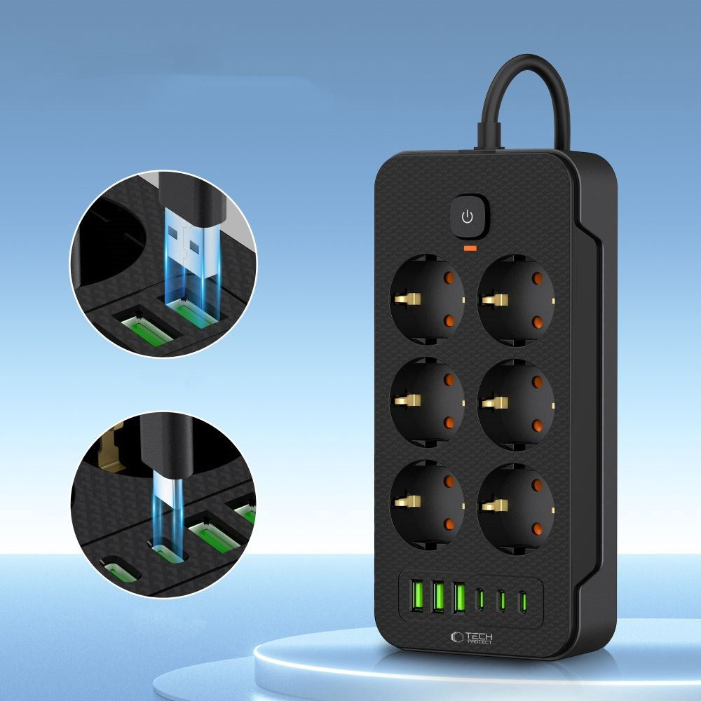 Tech-Protect Multifunctional Power Strip with 6 x Outlets / 3 x USB-A / 3 x USB-C - 2m - Black