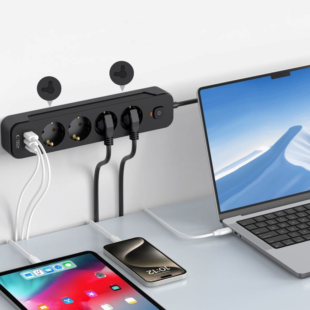 Tech-Protect Multifunctional Power Strip with 4 x Outlets / 2 x USB-A / 1 x USB-C - 2m - Black