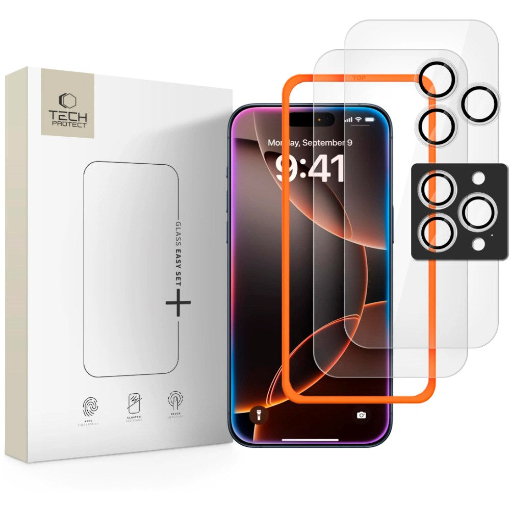 iPhone 17 Pro / 16 Pro Tech-Protect Easy Set+ Protection Set with Screen Protection Glass & Camera Lens Protection Glass - Transparent