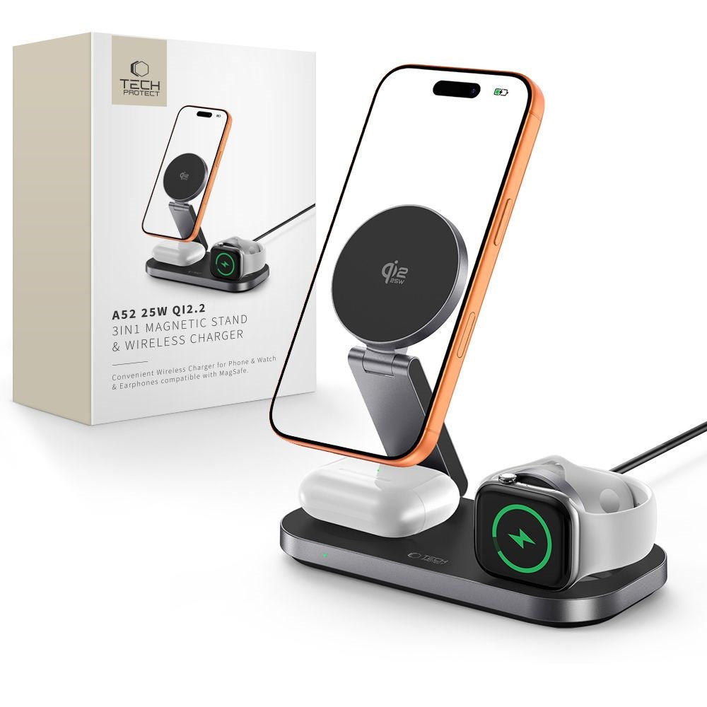 Tech-Protect A52 3-in-1 25W Wireless Charger for Smartphone + Smartwatch + Earphones - MagSafe / Qi2 Compatible - Dark Grey