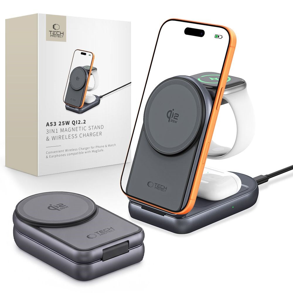 Tech-Protect A53 3-in-1 25W Wireless Charger: Smartphone & Smartwatch & Earphones - MagSafe / Qi2 Compatible - Dark Grey