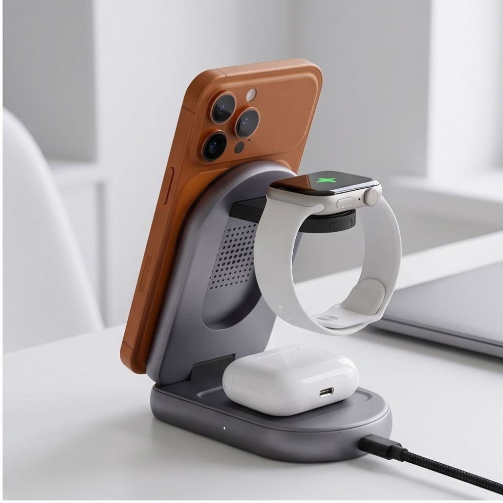 Tech-Protect A53 3-in-1 25W Wireless Charger: Smartphone & Smartwatch & Earphones - MagSafe / Qi2 Compatible - Dark Grey