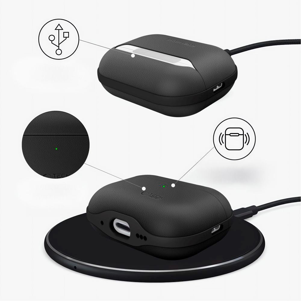 Apple AirPods Pro (3rd gen.) Tech-Protect NaturalFit Faux Leather Case with Strap - Black