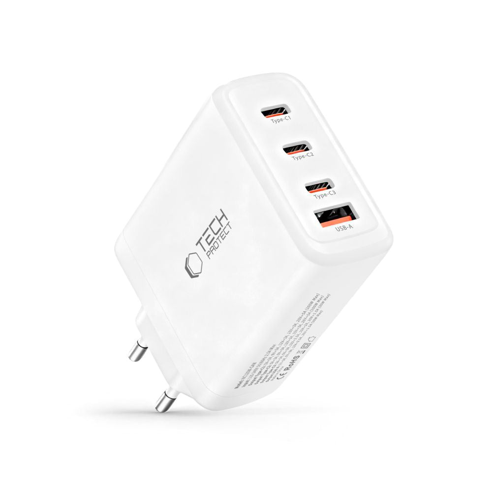 Tech-Protect 120W GaN Wall Charger with 1 x USB-A & 3 x USB-C – White