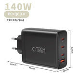 Tech-Protect 140W GaN Wall Charger with 1 x USB-A & 3 x USB-C – Black