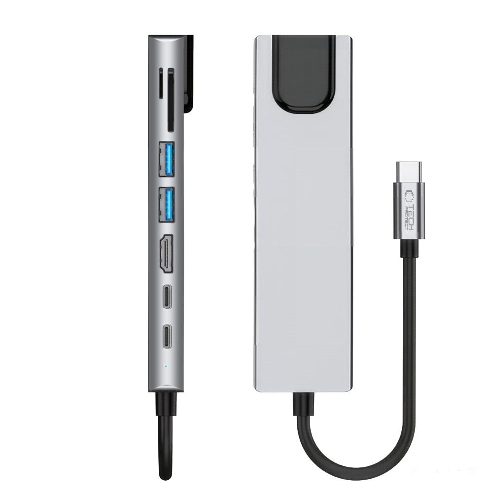 8-i-1 USB-C Multiport Adapter w. 1 X SD Card Reader 1 X TF Card Reader 2 X USB-A 1 X HDMI 2 X USB-C 1 X RJ45 Tech-Protect - Grey