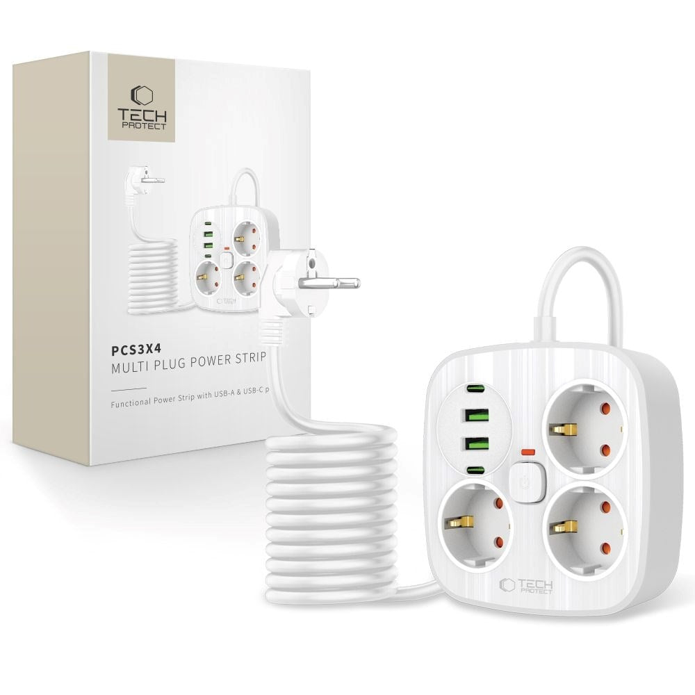 Tech-Protect Multifunctional Power Strip with 3 x Outlets / 2 x USB-A / 2 x USB-C - 2m - White